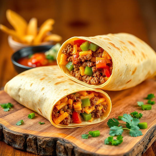 A delectable image of the Nacho Cheese Beef Wrap, showcasing the fusion of creamy nacho cheese, spicy ground beef, and crunchy Doritos, wrapped in a soft golden-brown tortilla