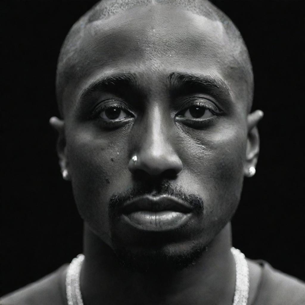 An emotionally-charged image of Tupac Shakur, with tears streaming down his face, expressing a moment of deep sadness or vulnerability, maintaining his iconic look.