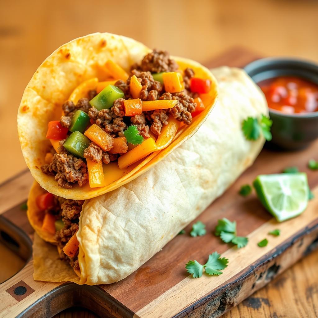 A delectable image of the Nacho Cheese Beef Wrap, showcasing the fusion of creamy nacho cheese, spicy ground beef, and crunchy Doritos, wrapped in a soft golden-brown tortilla