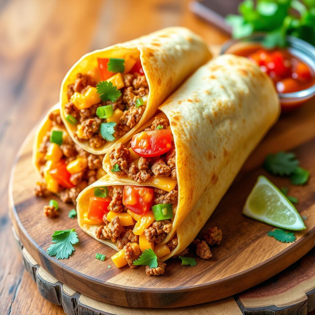 A delectable image of the Nacho Cheese Beef Wrap, showcasing the fusion of creamy nacho cheese, spicy ground beef, and crunchy Doritos, wrapped in a soft golden-brown tortilla