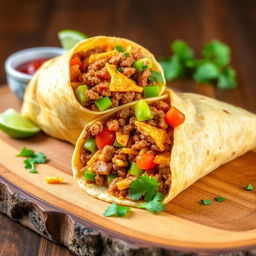 A delectable image of the Nacho Cheese Beef Wrap, showcasing the fusion of creamy nacho cheese, spicy ground beef, and crunchy Doritos, wrapped in a soft golden-brown tortilla