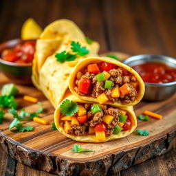 A delectable image of the Nacho Cheese Beef Wrap, showcasing the fusion of creamy nacho cheese, spicy ground beef, and crunchy Doritos, wrapped in a soft golden-brown tortilla