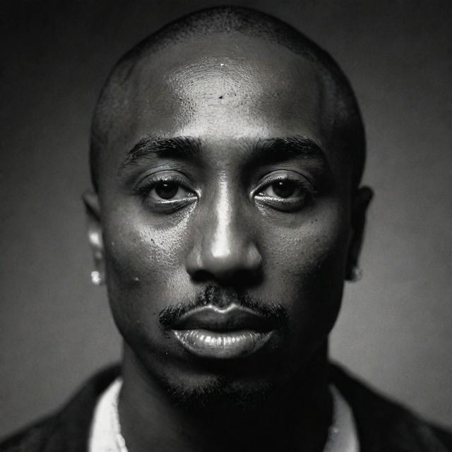 An emotionally-charged image of Tupac Shakur, with tears streaming down his face, expressing a moment of deep sadness or vulnerability, maintaining his iconic look.