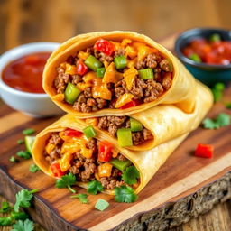 A delectable image of the Nacho Cheese Beef Wrap, showcasing the fusion of creamy nacho cheese, spicy ground beef, and crunchy Doritos, wrapped in a soft golden-brown tortilla