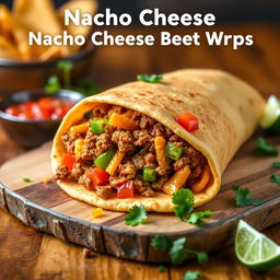 A delectable image of the Nacho Cheese Beef Wrap, showcasing the fusion of creamy nacho cheese, spicy ground beef, and crunchy Doritos, wrapped in a soft golden-brown tortilla