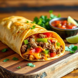 A delectable image of the Nacho Cheese Beef Wrap, showcasing the fusion of creamy nacho cheese, spicy ground beef, and crunchy Doritos, wrapped in a soft golden-brown tortilla