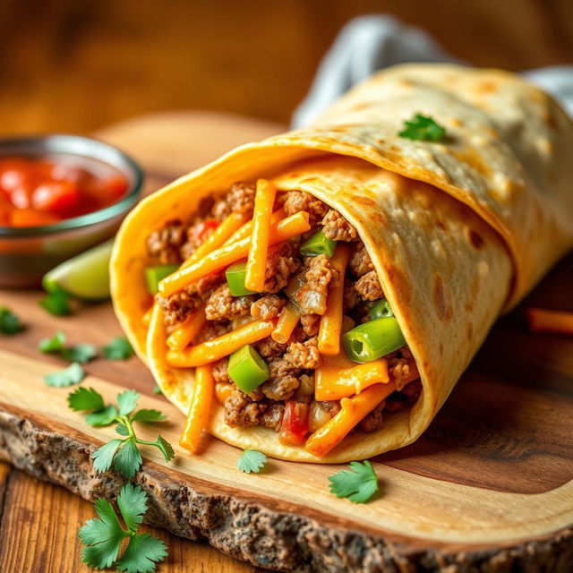 A delectable image of the Nacho Cheese Beef Wrap, showcasing the fusion of creamy nacho cheese, spicy ground beef, and crunchy Doritos, wrapped in a soft golden-brown tortilla