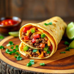 A delectable image of the Nacho Cheese Beef Wrap, showcasing the fusion of creamy nacho cheese, spicy ground beef, and crunchy Doritos, wrapped in a soft golden-brown tortilla