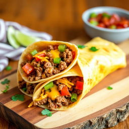 A delectable image of the Nacho Cheese Beef Wrap, showcasing the fusion of creamy nacho cheese, spicy ground beef, and crunchy Doritos, wrapped in a soft golden-brown tortilla