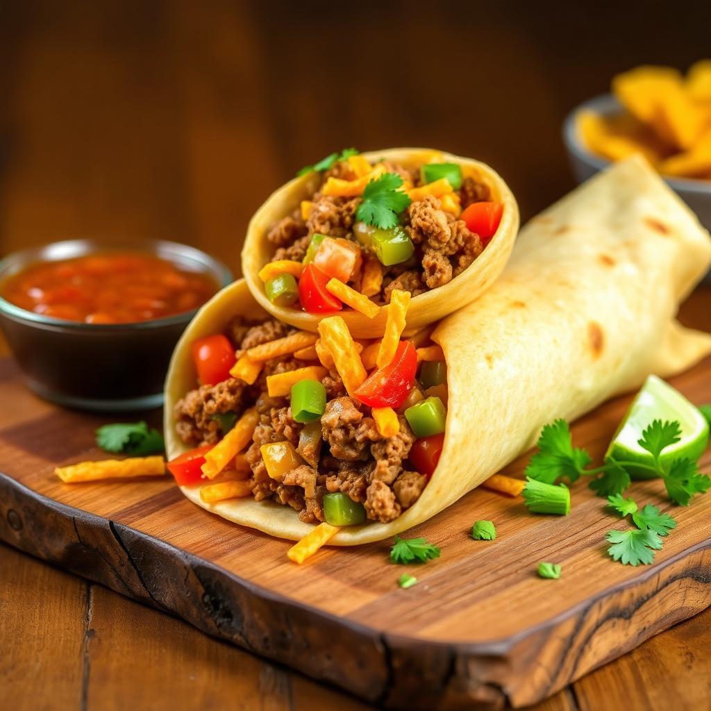 A delectable image of the Nacho Cheese Beef Wrap, showcasing the fusion of creamy nacho cheese, spicy ground beef, and crunchy Doritos, wrapped in a soft golden-brown tortilla