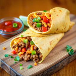 A delectable image of the Nacho Cheese Beef Wrap, showcasing the fusion of creamy nacho cheese, spicy ground beef, and crunchy Doritos, wrapped in a soft golden-brown tortilla