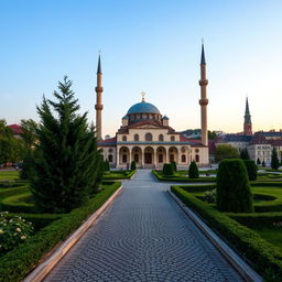 A serene setting featuring a beautiful mosque located in a Baltic city, blending Islamic architecture with Baltic influences