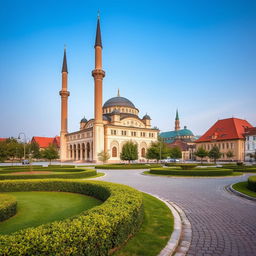 A serene setting featuring a beautiful mosque located in a Baltic city, blending Islamic architecture with Baltic influences