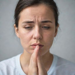 A person trying to calm themselves down, deep breaths and a look of concentration on their face