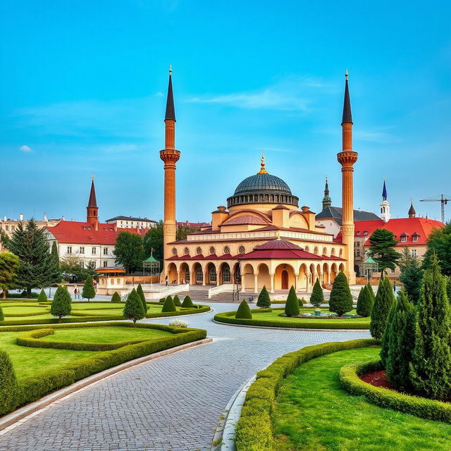 A serene setting featuring a beautiful mosque located in a Baltic city, blending Islamic architecture with Baltic influences