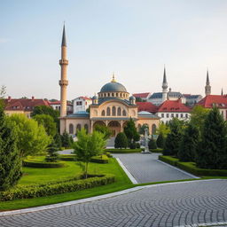 A serene setting featuring a beautiful mosque located in a Baltic city, blending Islamic architecture with Baltic influences