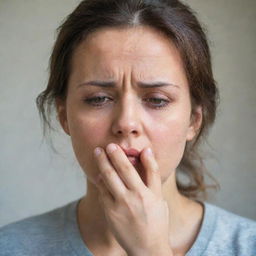 A person trying to calm themselves down, deep breaths and a look of concentration on their face