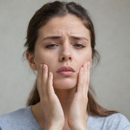 A person trying to calm themselves down, deep breaths and a look of concentration on their face