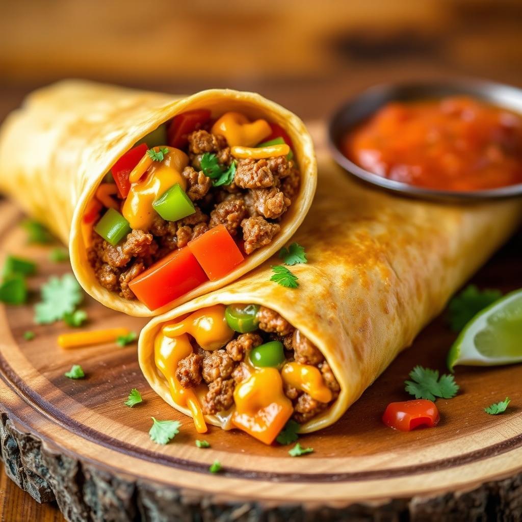 A delectable image of the Nacho Cheese Beef Wrap, showcasing the fusion of creamy nacho cheese, spicy ground beef, and crunchy Doritos, wrapped in a soft golden-brown tortilla