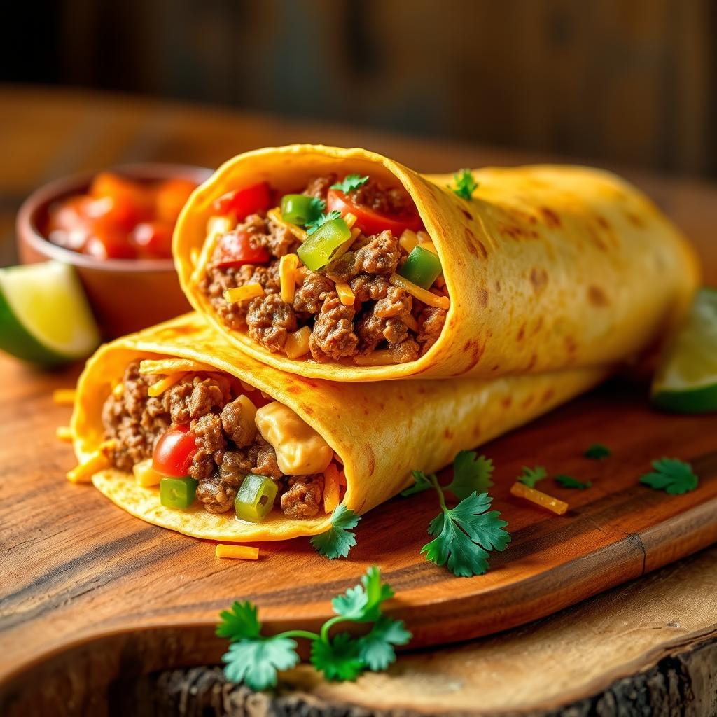 A delectable image of the Nacho Cheese Beef Wrap, showcasing the fusion of creamy nacho cheese, spicy ground beef, and crunchy Doritos, wrapped in a soft golden-brown tortilla