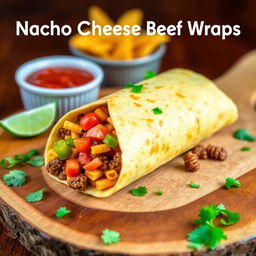 A delectable image of the Nacho Cheese Beef Wrap, showcasing the fusion of creamy nacho cheese, spicy ground beef, and crunchy Doritos, wrapped in a soft golden-brown tortilla