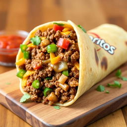 A delectable image of the Nacho Cheese Beef Wrap, showcasing the fusion of creamy nacho cheese, spicy ground beef, and crunchy Doritos, wrapped in a soft golden-brown tortilla