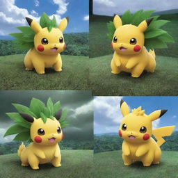 Depict the three evolutionary stages of the grass/thunder type Pokemon. Display its growth from a small, innocent creature, to a medium stage of maturity, to its final form of a majestic and powerful entity.