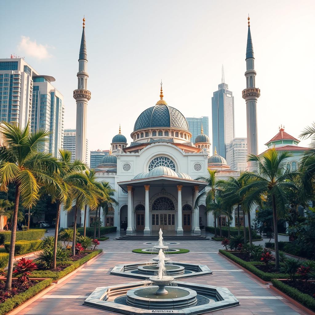 A serene setting featuring a beautiful mosque with a fusion of architectural styles from Malaysia, Singapore, and Indonesia