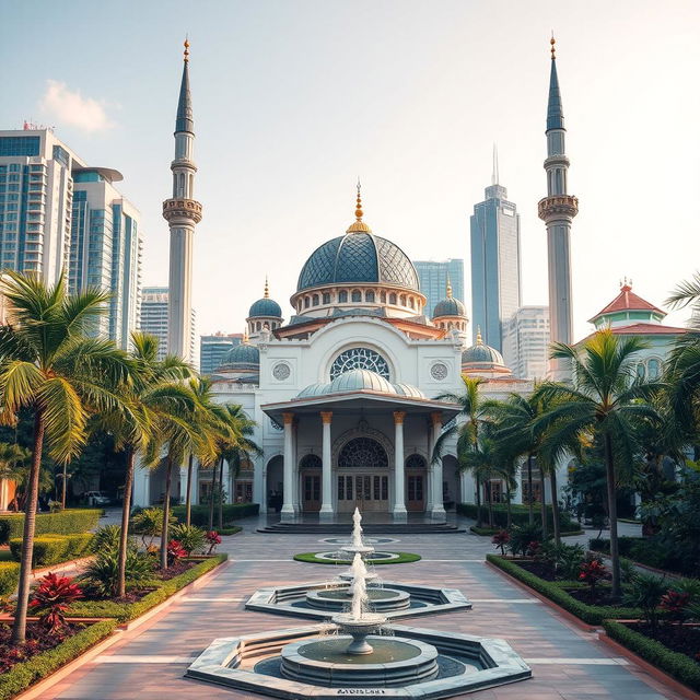 A serene setting featuring a beautiful mosque with a fusion of architectural styles from Malaysia, Singapore, and Indonesia