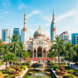 A serene setting featuring a beautiful mosque with a fusion of architectural styles from Malaysia, Singapore, and Indonesia