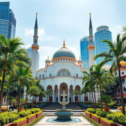 A serene setting featuring a beautiful mosque with a fusion of architectural styles from Malaysia, Singapore, and Indonesia