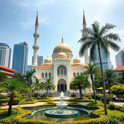 A serene setting featuring a beautiful mosque with a fusion of architectural styles from Malaysia, Singapore, and Indonesia