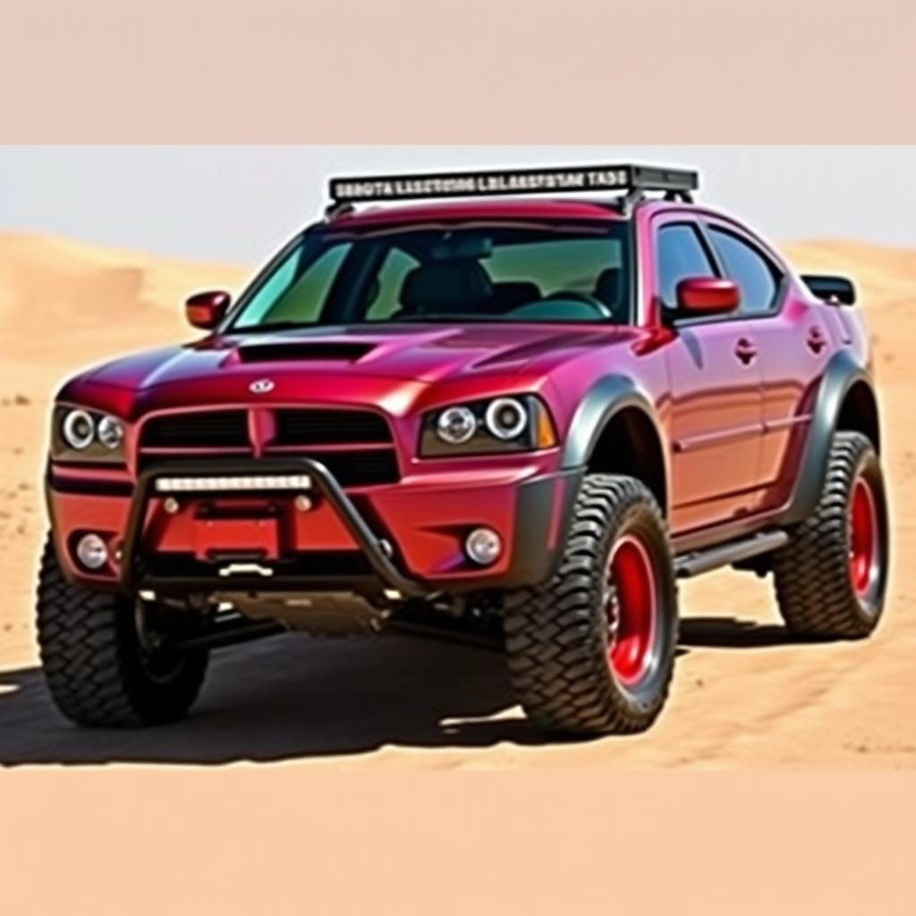 A 2007 Dodge Charger modified with a Baja wide body kit, showcasing an aggressive stance and rugged off-road aesthetics