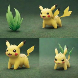 Depict the three evolutionary stages of the grass/thunder type Pokemon. Display its growth from a small, innocent creature, to a medium stage of maturity, to its final form of a majestic and powerful entity.