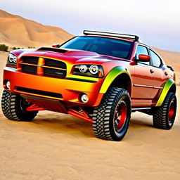 A 2007 Dodge Charger modified with a Baja wide body kit, showcasing an aggressive stance and rugged off-road aesthetics