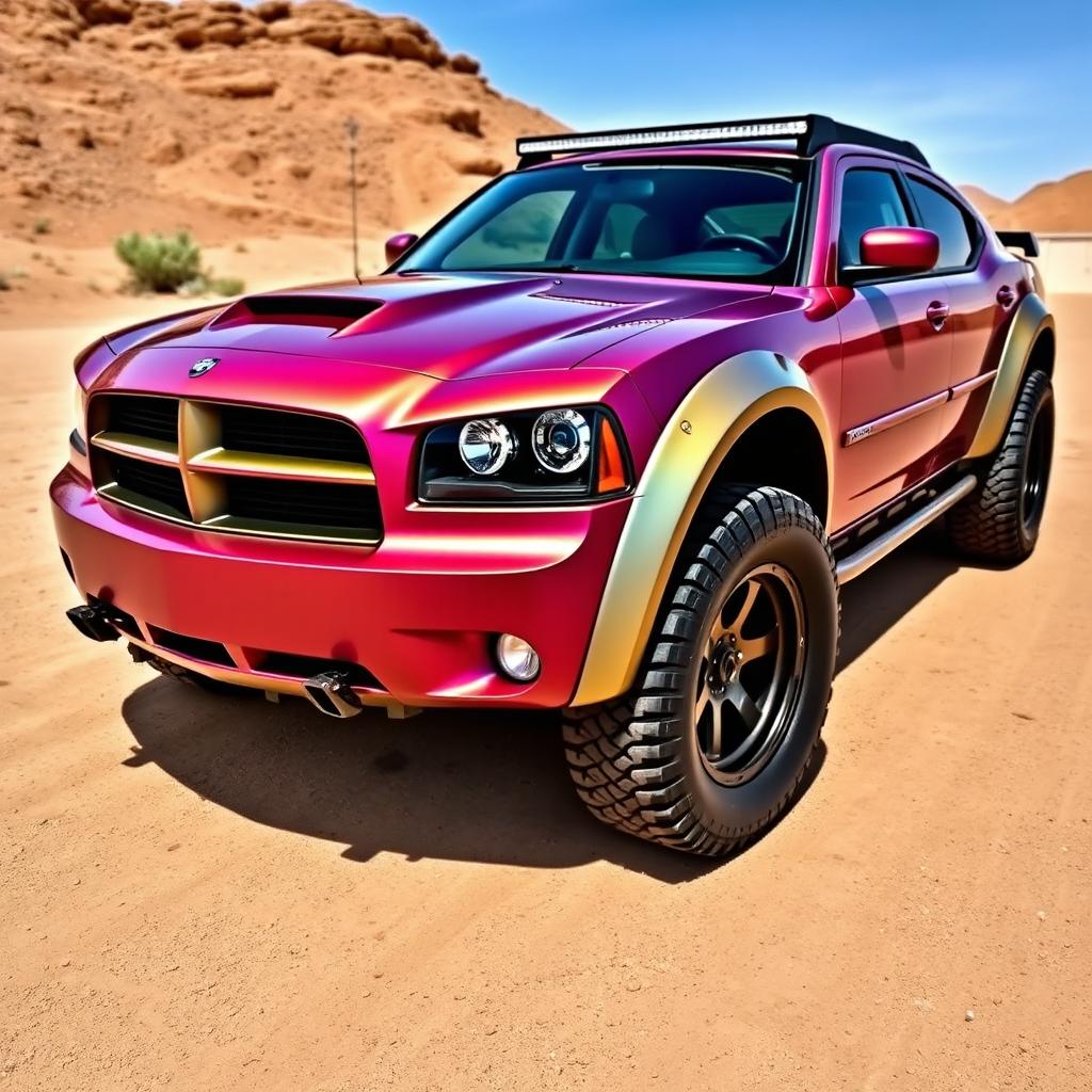 A 2007 Dodge Charger modified with a Baja wide body kit, showcasing an aggressive stance and rugged off-road aesthetics