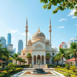 A serene setting featuring a beautiful mosque with a fusion of architectural styles from Malaysia, Singapore, and Indonesia