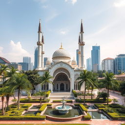 A serene setting featuring a beautiful mosque with a fusion of architectural styles from Malaysia, Singapore, and Indonesia