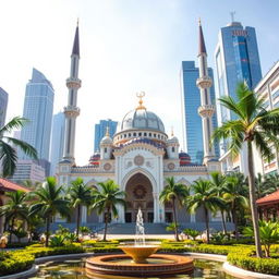 A serene setting featuring a beautiful mosque with a fusion of architectural styles from Malaysia, Singapore, and Indonesia