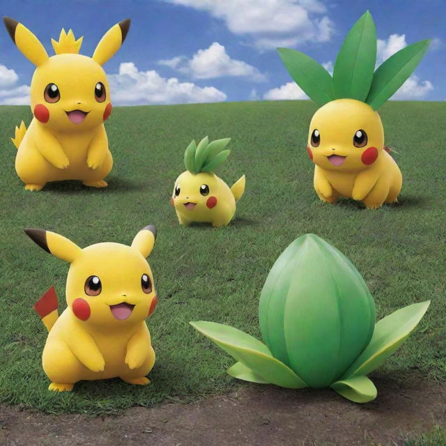Depict the three evolutionary stages of the grass/thunder type Pokemon. Display its growth from a small, innocent creature, to a medium stage of maturity, to its final form of a majestic and powerful entity.