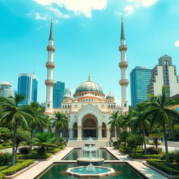 A serene setting featuring a beautiful mosque with a fusion of architectural styles from Malaysia, Singapore, and Indonesia