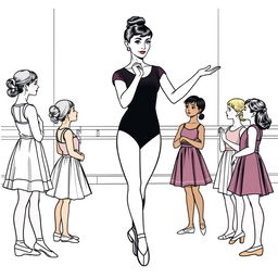 Audrey Hepburn depicted teaching a ballet dance class