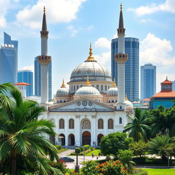 A scenic and harmonious depiction of a mosque that represents a fusion of architectural styles from Malaysia, Singapore, and Indonesia