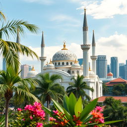 A scenic and harmonious depiction of a mosque that represents a fusion of architectural styles from Malaysia, Singapore, and Indonesia