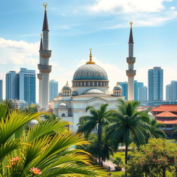 A scenic and harmonious depiction of a mosque that represents a fusion of architectural styles from Malaysia, Singapore, and Indonesia