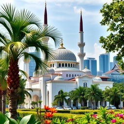 A scenic and harmonious depiction of a mosque that represents a fusion of architectural styles from Malaysia, Singapore, and Indonesia