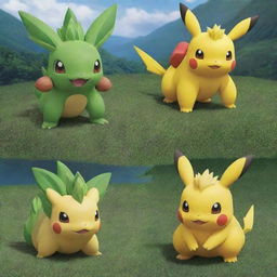 Depict the three evolutionary stages of the grass/thunder type Pokemon. Display its growth from a small, innocent creature, to a medium stage of maturity, to its final form of a majestic and powerful entity.