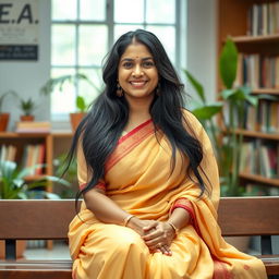 An Indian teacher with large breasts sitting gracefully on a bench, wearing a traditional saree that elegantly drapes around her figure