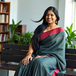 An Indian teacher with large breasts sitting gracefully on a bench, wearing a traditional saree that elegantly drapes around her figure