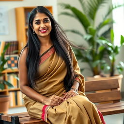 An Indian teacher with large breasts sitting gracefully on a bench, wearing a traditional saree that elegantly drapes around her figure